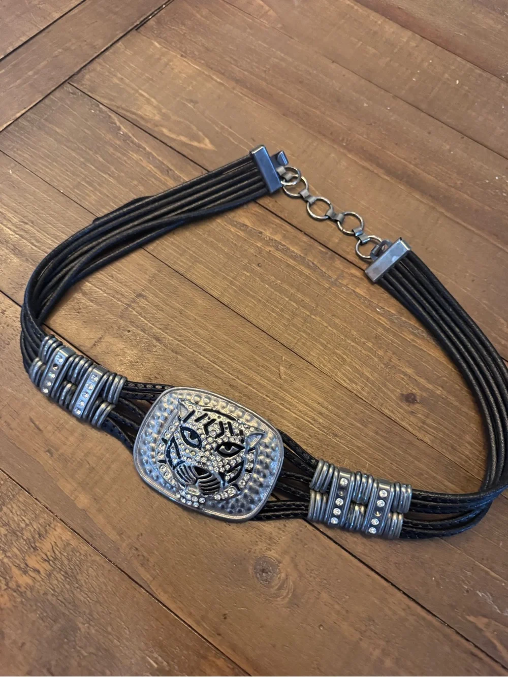 Vintage 80s leather belt with jaguar made in Italy - 33-39 inches total length